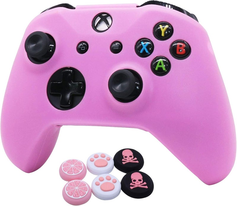 RALAN Pink Skins ,Silicone Controller Cover Skin Protector Compatible for Xbox One S/X Controller (Pink Pro Thumb Grip x 2,Cat + Skull Cap &Cover Grip x 2) - Image 1